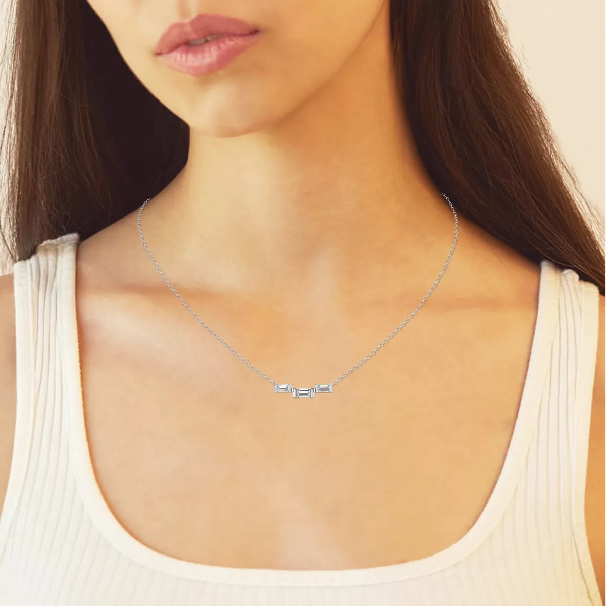 0.25 TCW Baguette Moissanite Diamond Three Stone Necklace