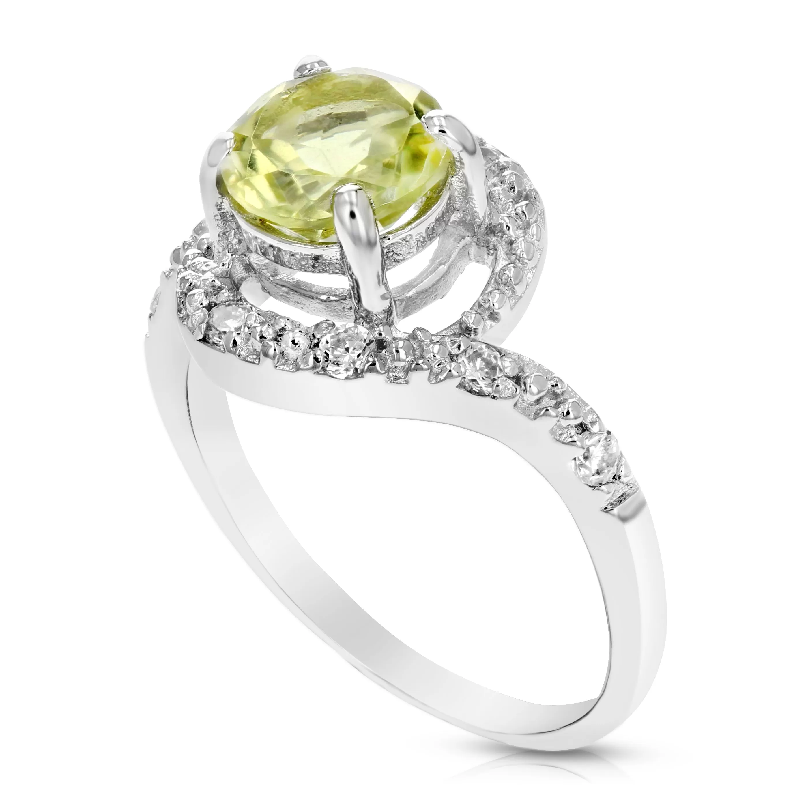 0.70 cttw Lemon Quartz Ring .925 Sterling Silver with Rhodium Round Shape 7 MM