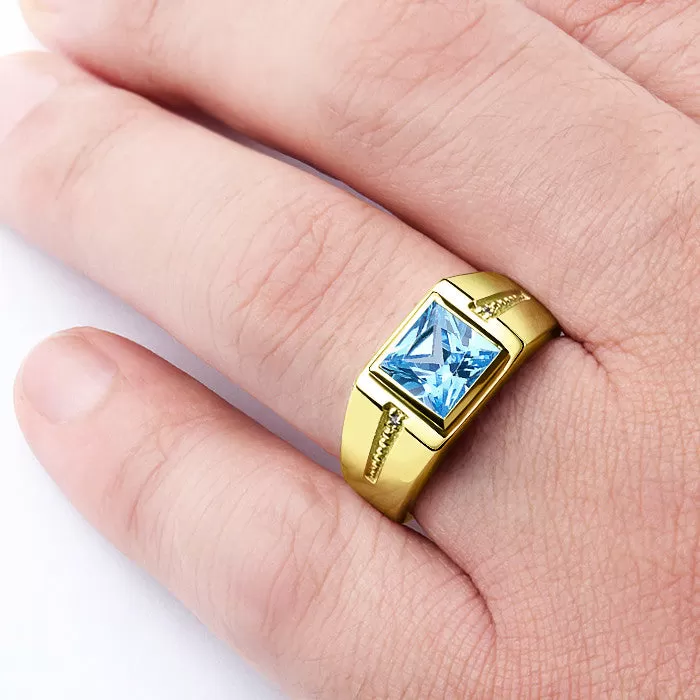 10K Yellow Gold Men's Ring with Blue Topaz and Genuine Diamonds Gemstone Ring for Men