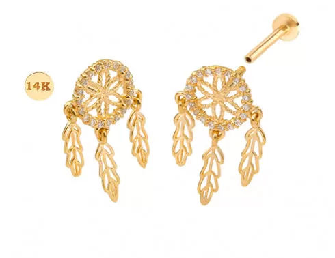 14K Solid Gold Cz or Diamond Dreamcatcher Tragus Helix Cartilage Internally Threaded Flat Back Earring Labret