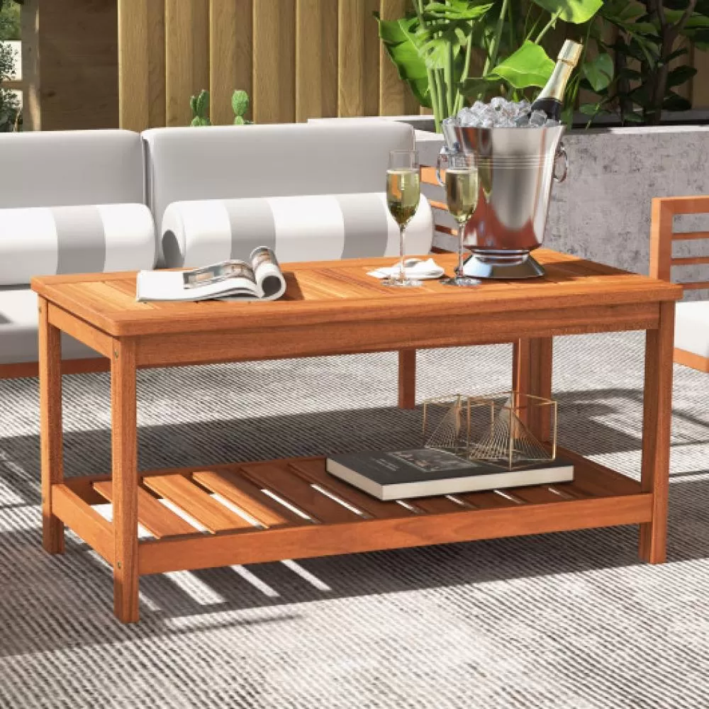 2-Tier Patio Coffee Table with Slatted Tabletop and Shelf