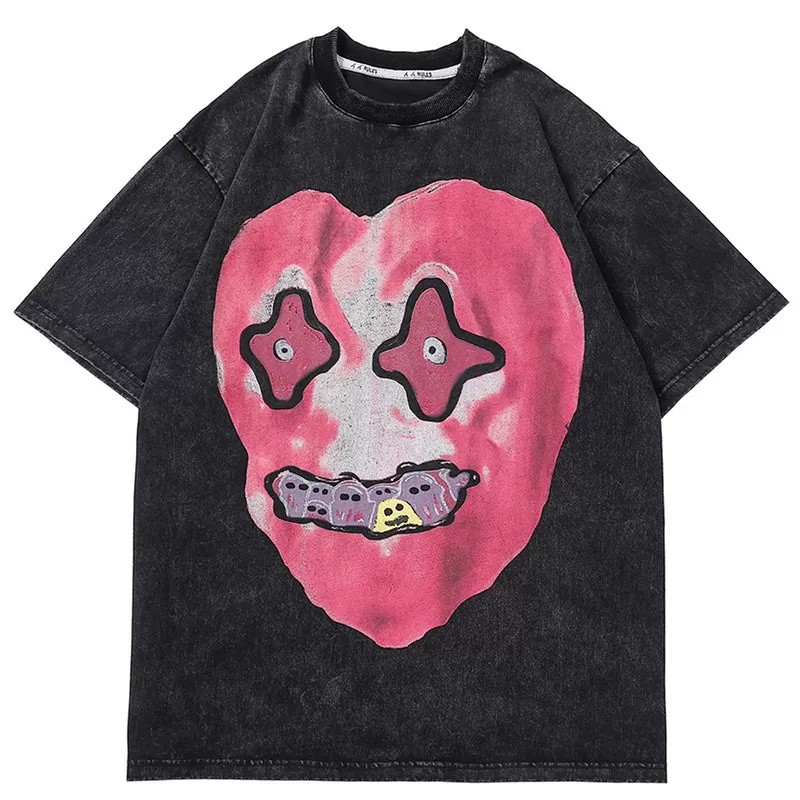 2023 Men Hip Hop Washed Streetwear Funny Heart Monster