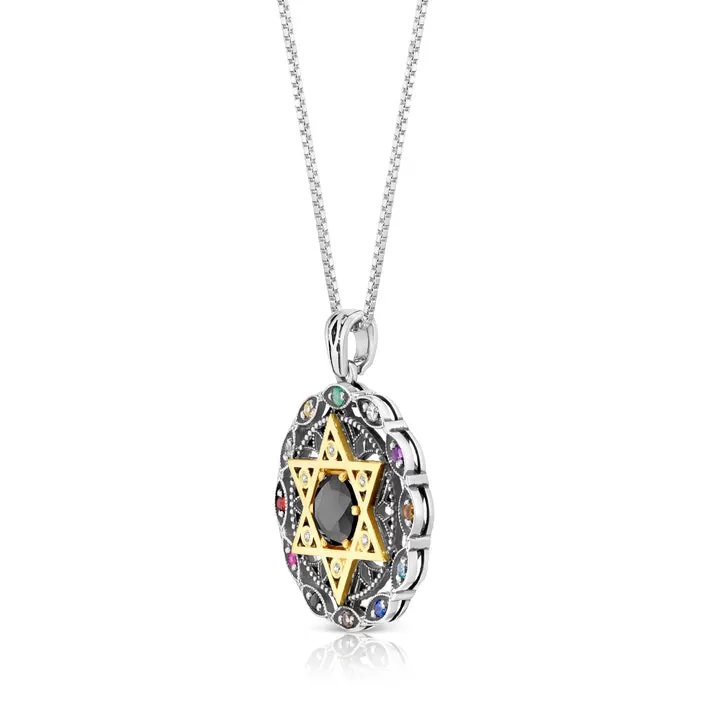 925 Sterling Silver & 9K Gold Star of David Twelve Tribes Pendant with Priestly Blessing and Filigree Pattern| Hoshen Pendant