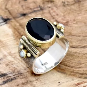 925 Sterling Silver Ring, Black Onyx And Pearl Ring, Two Tone Ring, Wide Ring Textured Ring Handmade Jewelry