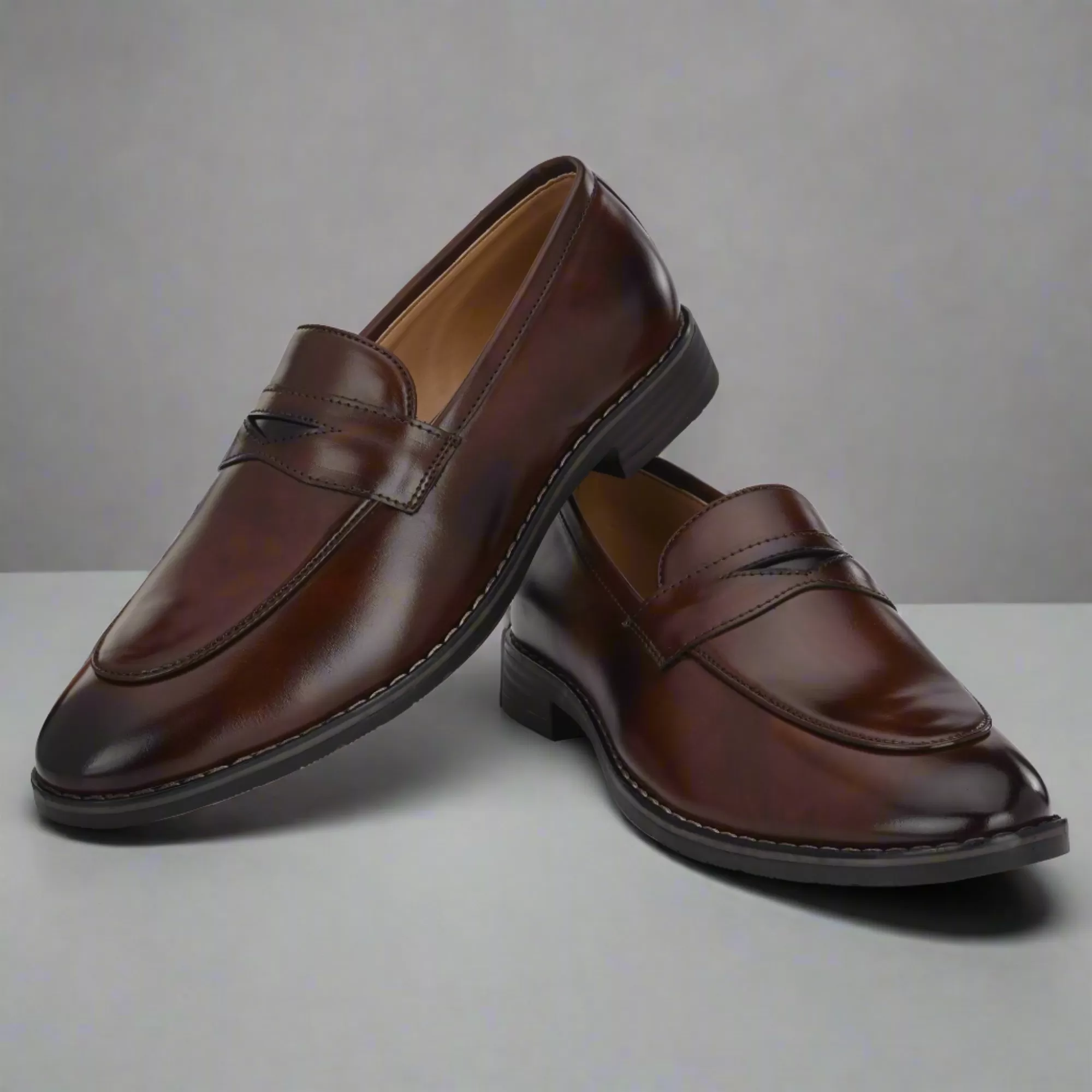 Attitudist Unisex Handcrafted Glossy Brown Penny Loafer With Double Stitched Welts