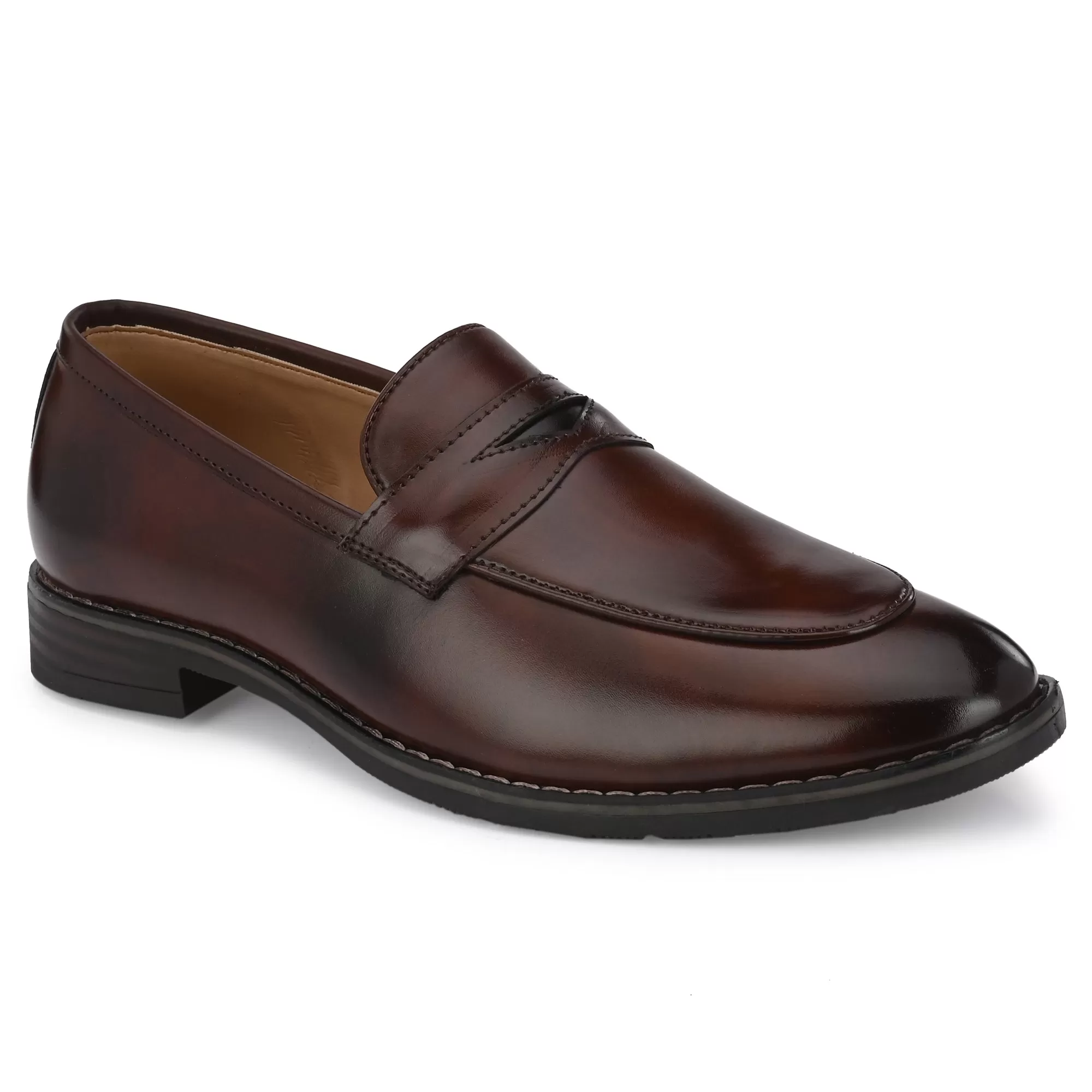 Attitudist Unisex Handcrafted Glossy Brown Penny Loafer With Double Stitched Welts