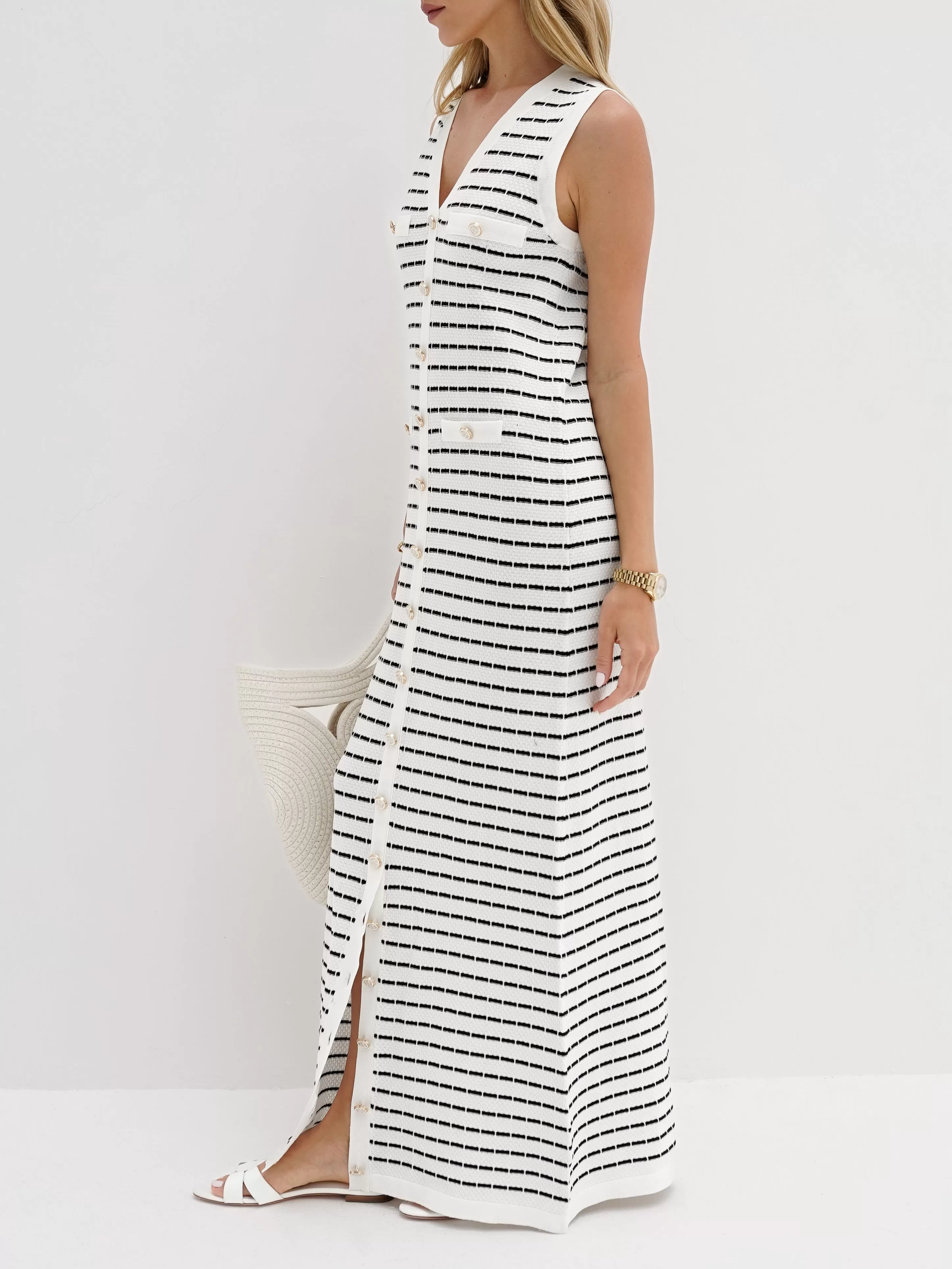 Ava Knitted Stripe Button Dress | White/Navy