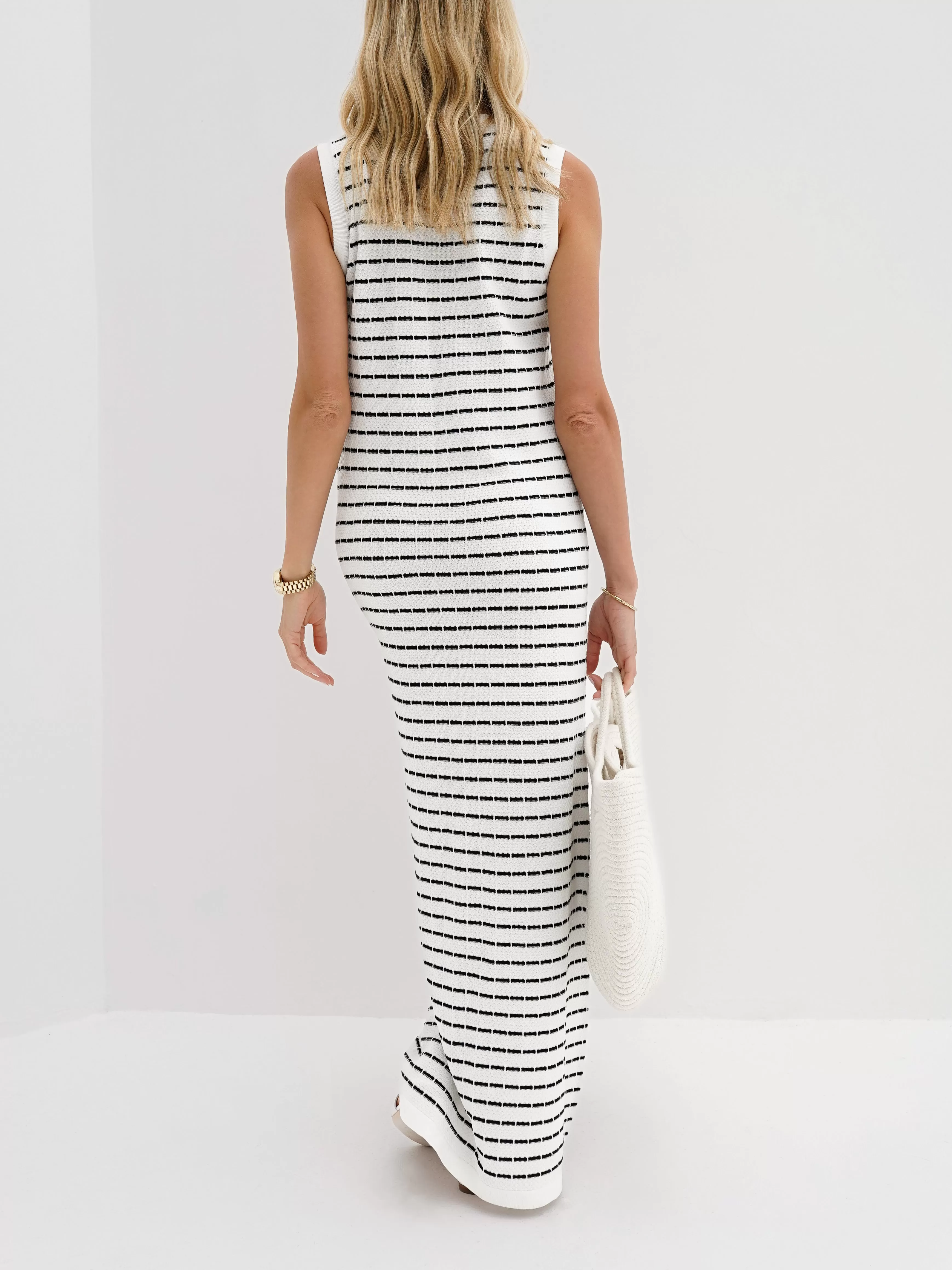 Ava Knitted Stripe Button Dress | White/Navy