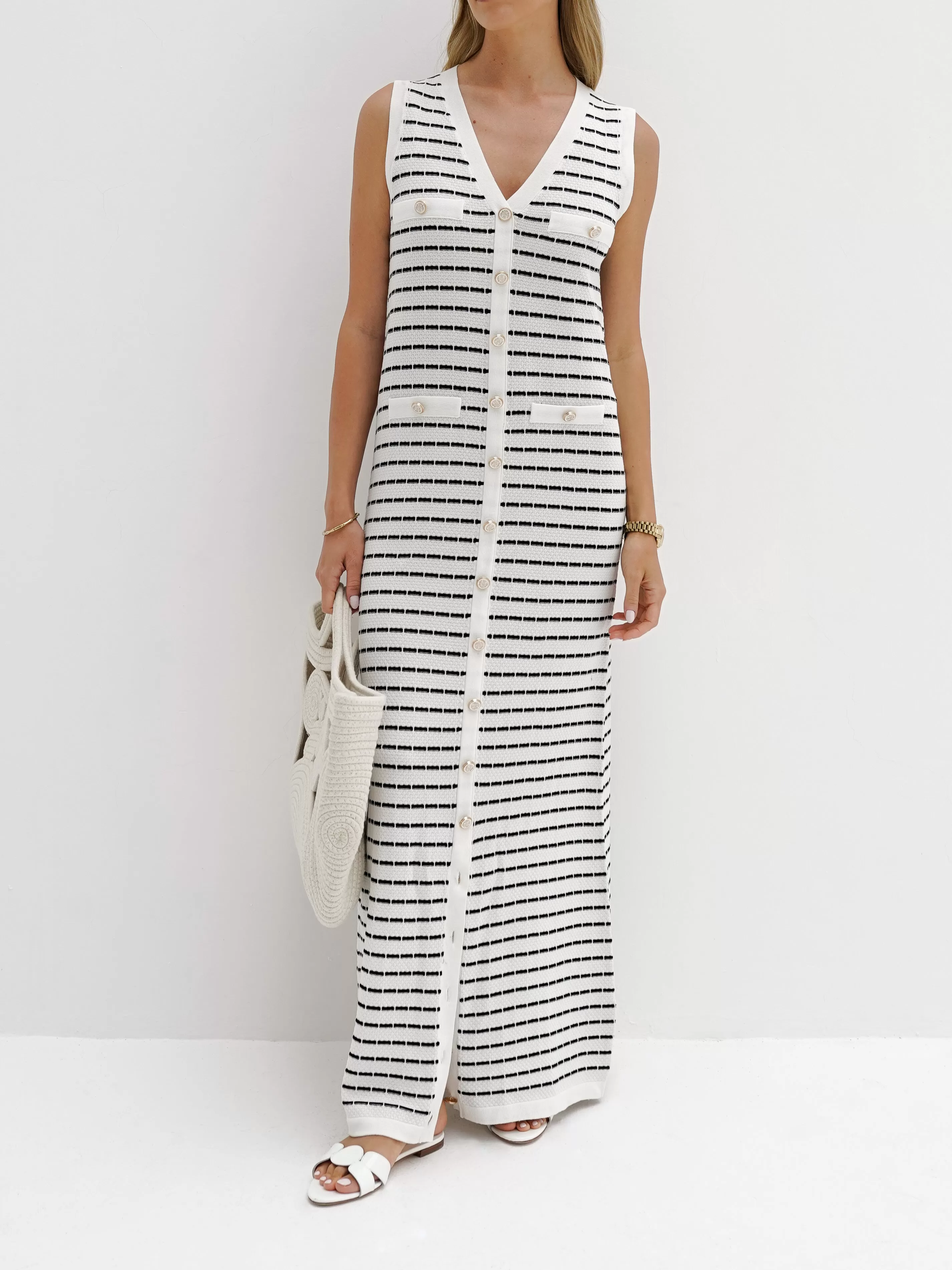 Ava Knitted Stripe Button Dress | White/Navy