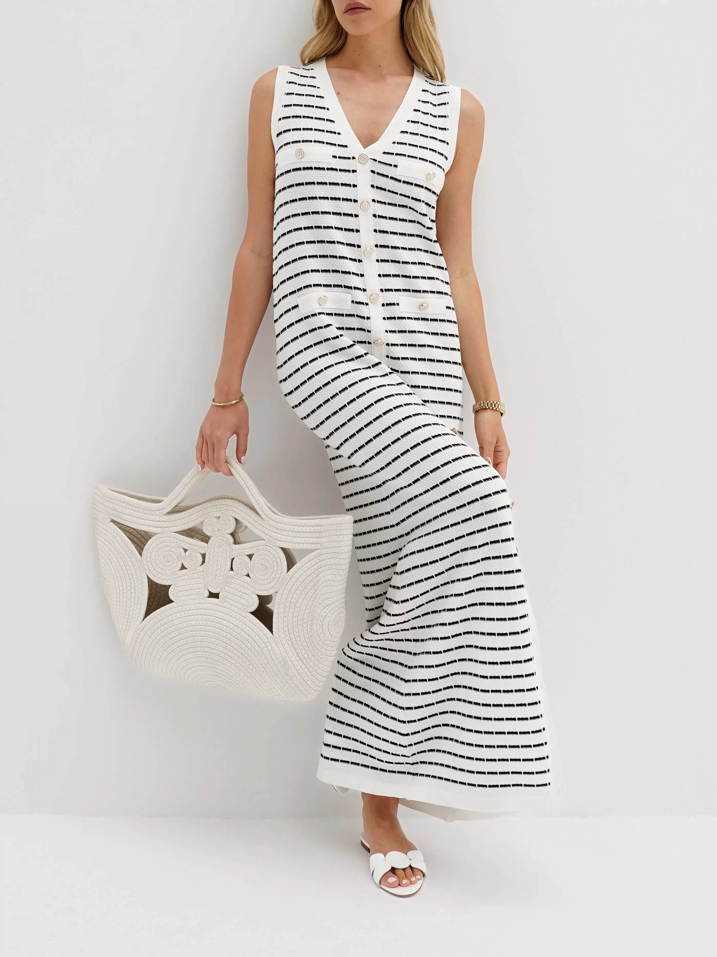 Ava Knitted Stripe Button Dress | White/Navy