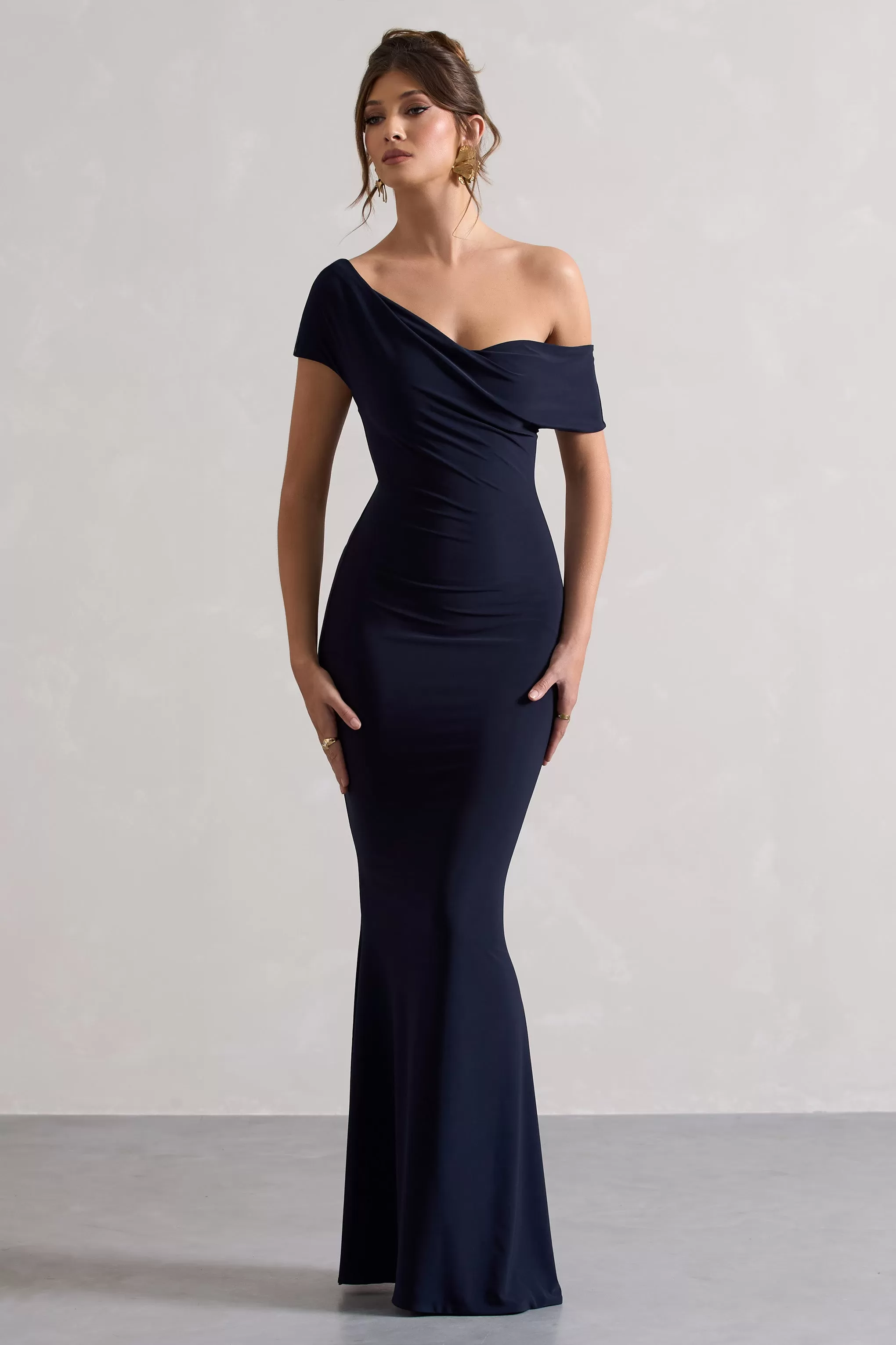 Avila | Navy Asymmetric Bardot Maxi Dress