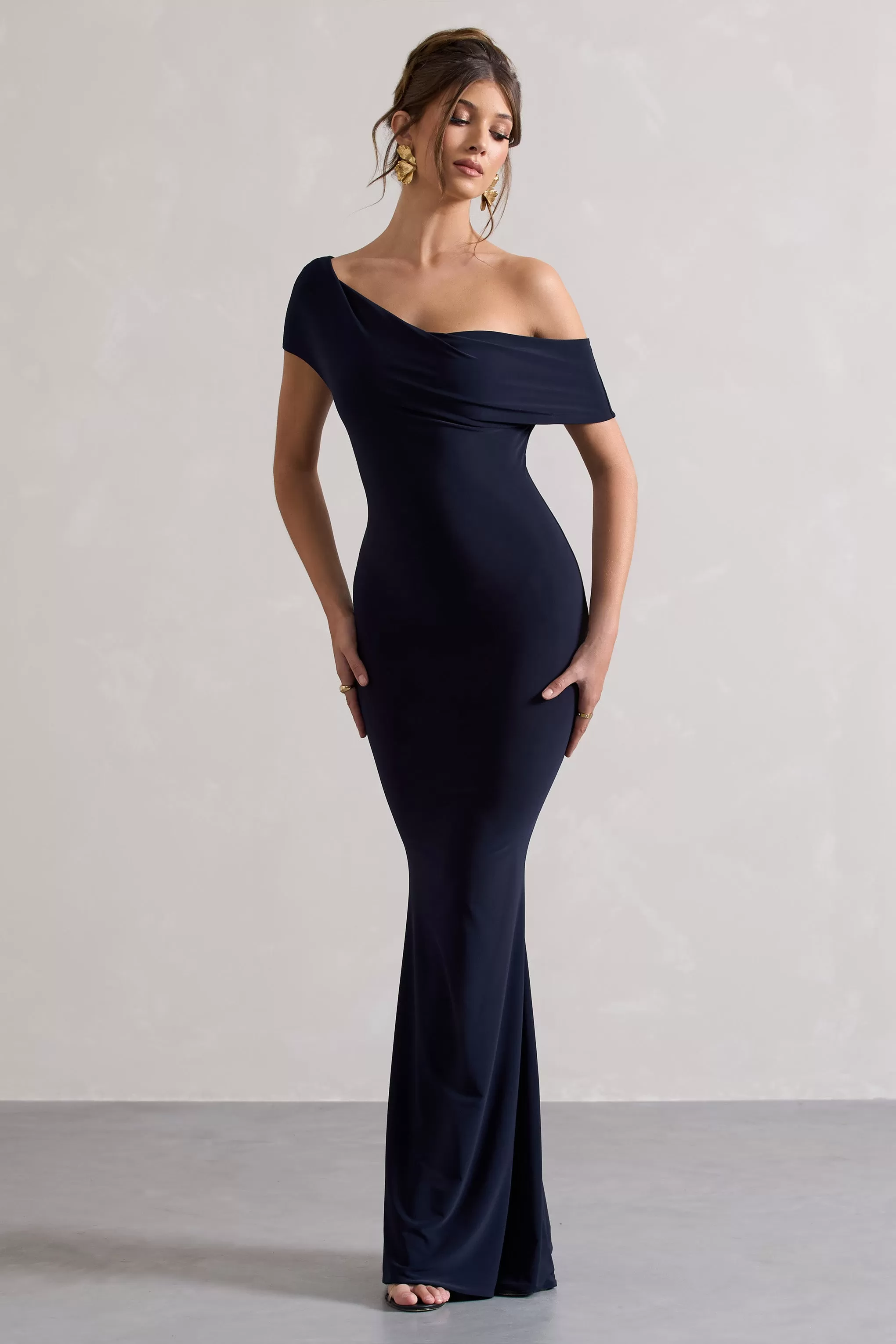 Avila | Navy Asymmetric Bardot Maxi Dress