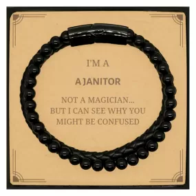 Badass Janitor Gifts, I'm Janitor not a magician, Sarcastic Stone Leather Bracelets for Janitor Birthday Christmas for  Men, Women, Friends, Coworkers