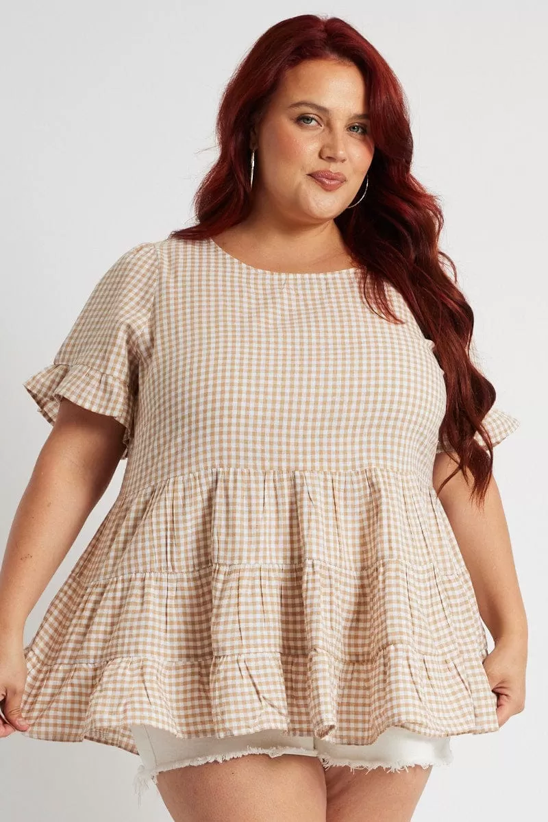 Beige Check Tiered Top Short Sleeve