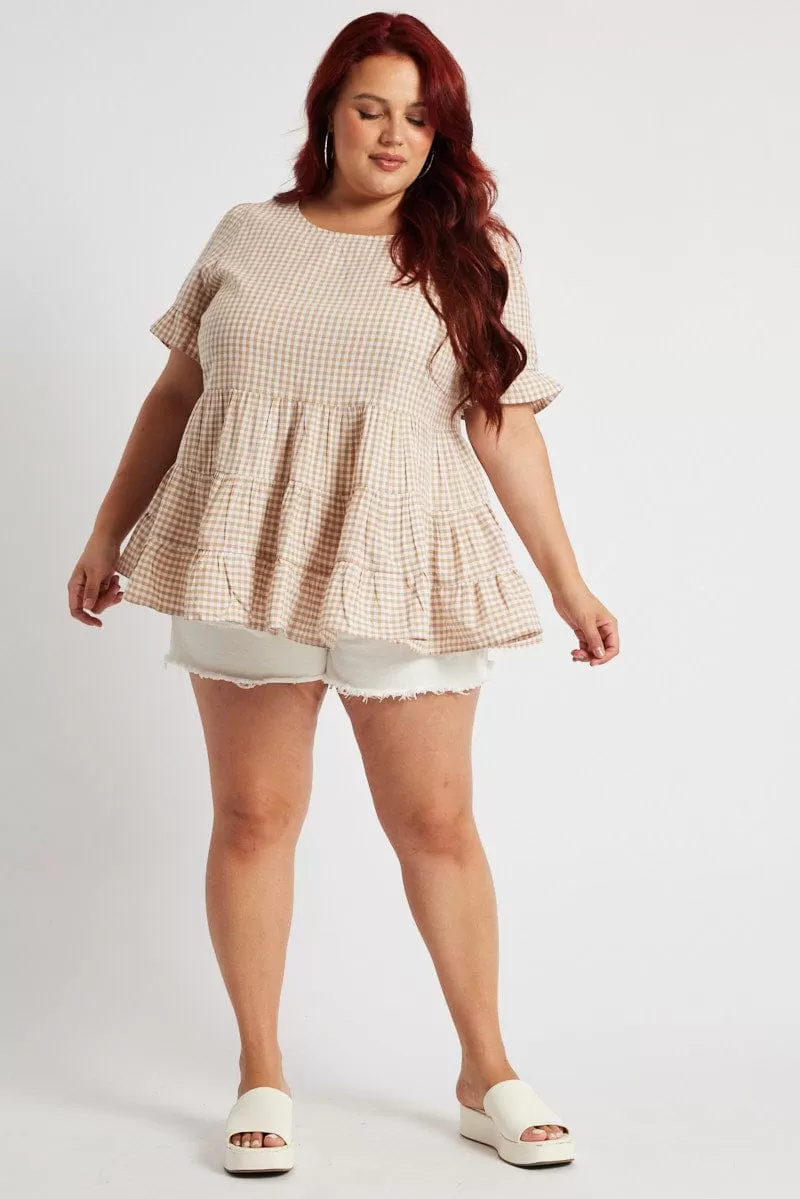 Beige Check Tiered Top Short Sleeve