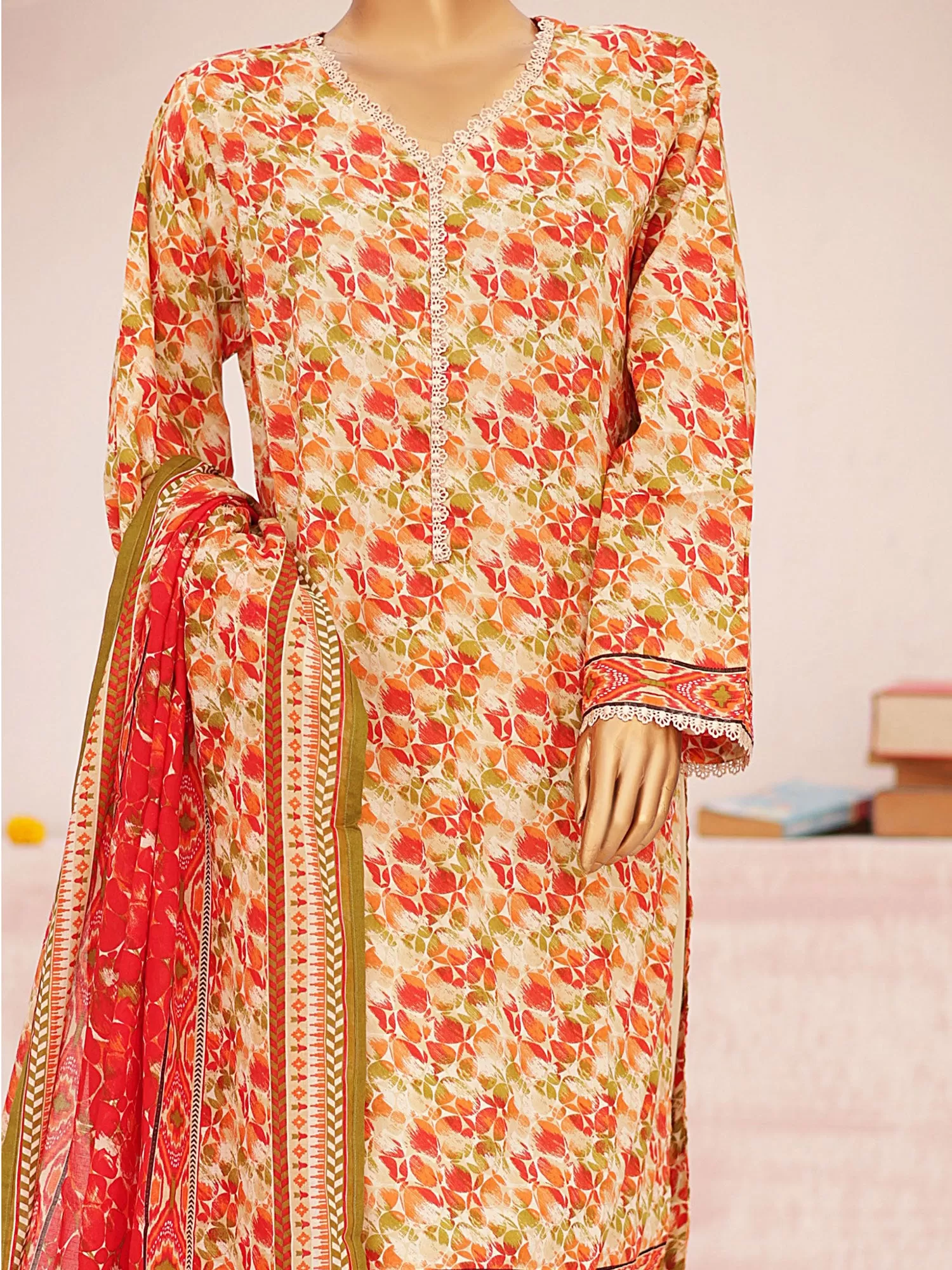 Bin Saeed Printed Lawn 3-Piece Suit - Orange