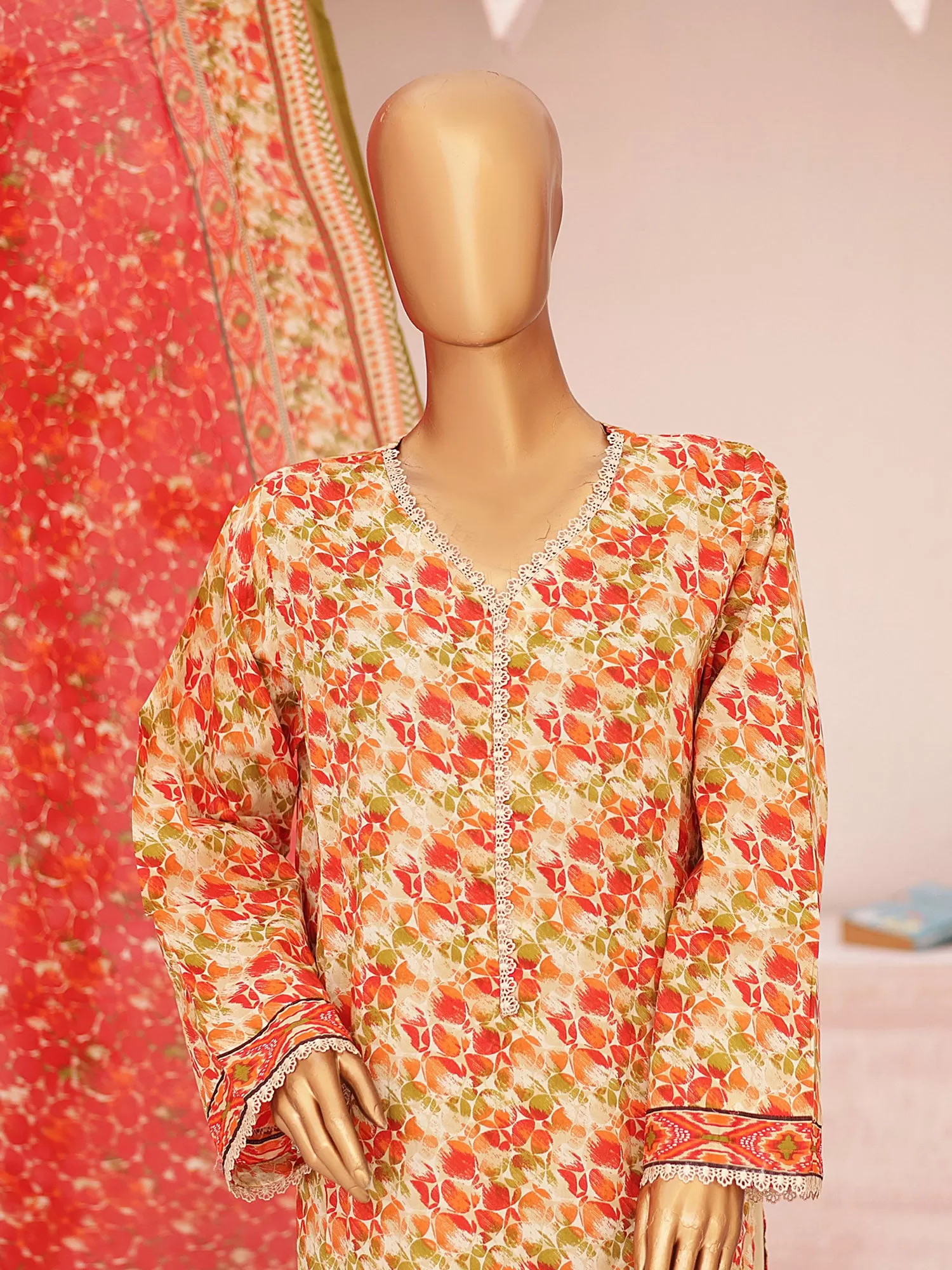 Bin Saeed Printed Lawn 3-Piece Suit - Orange