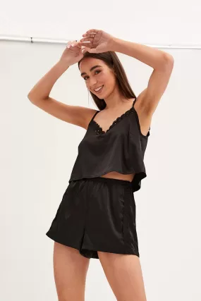 Black Pyjamas Set Sleeveless Cami Shorts Satin