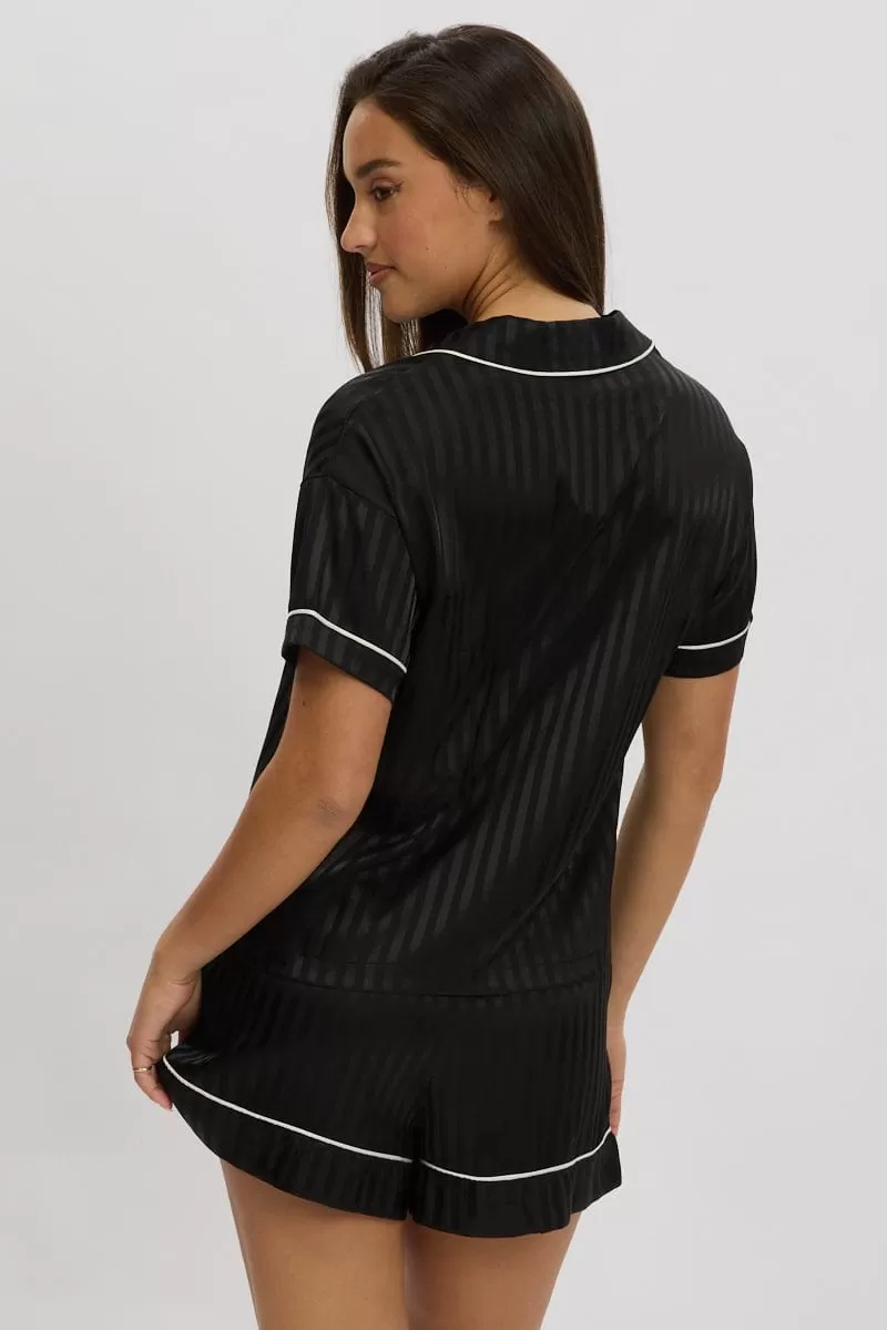 Black Stripe Satin Pyjamas Set Short Sleeve