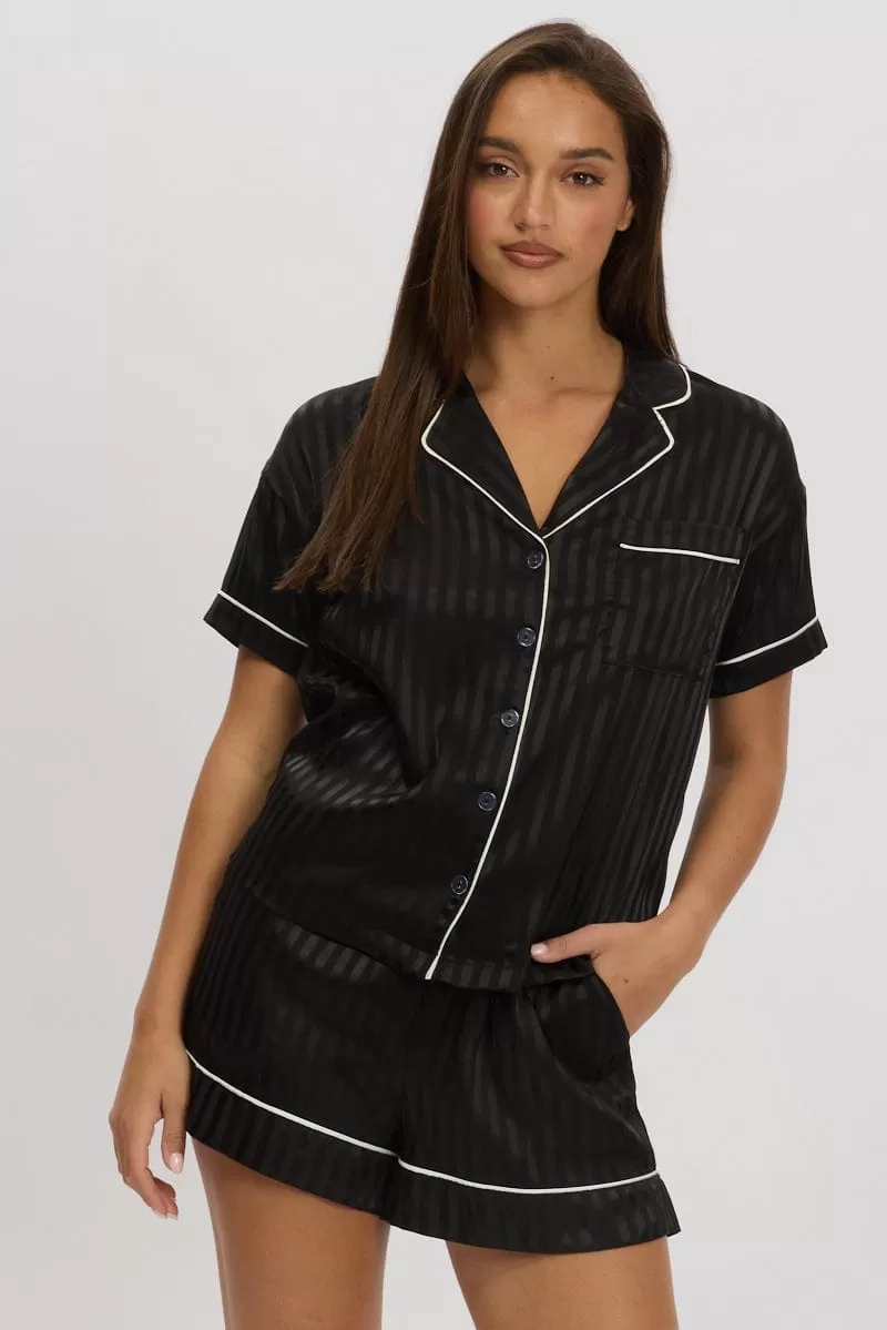 Black Stripe Satin Pyjamas Set Short Sleeve