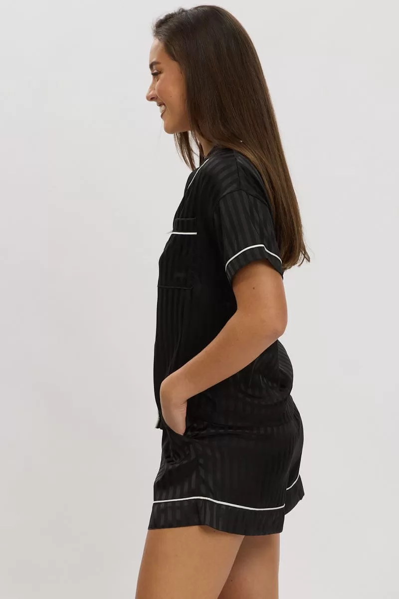 Black Stripe Satin Pyjamas Set Short Sleeve