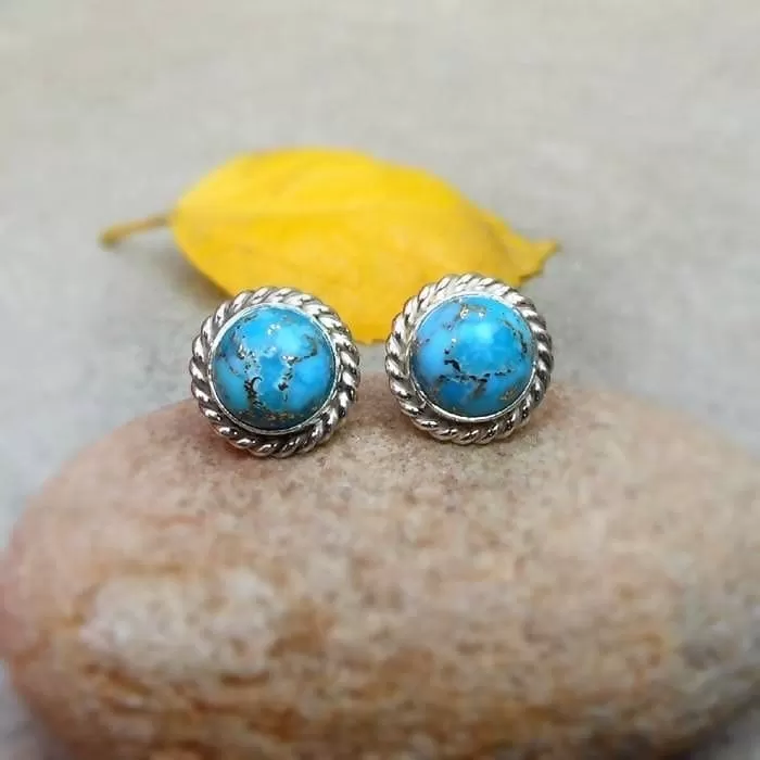 Blue Copper Turquoise Stud Sterling Silver Earrings Turquoise Earrings Silver Post Studs Gemstone Jewelry Gift for her Rope style studs