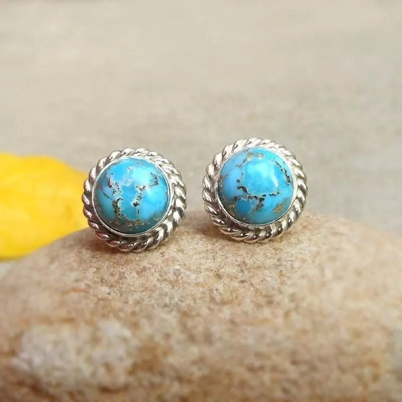 Blue Copper Turquoise Stud Sterling Silver Earrings Turquoise Earrings Silver Post Studs Gemstone Jewelry Gift for her Rope style studs