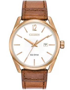 Citizen Drive Mens Watch - Rose Gold-Tone - White - Date - Leather Strap