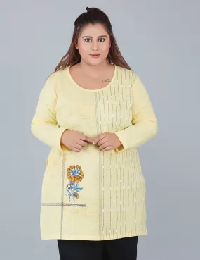 Cotton Long Top for Women Plus Size - Full Sleeve - Yellow