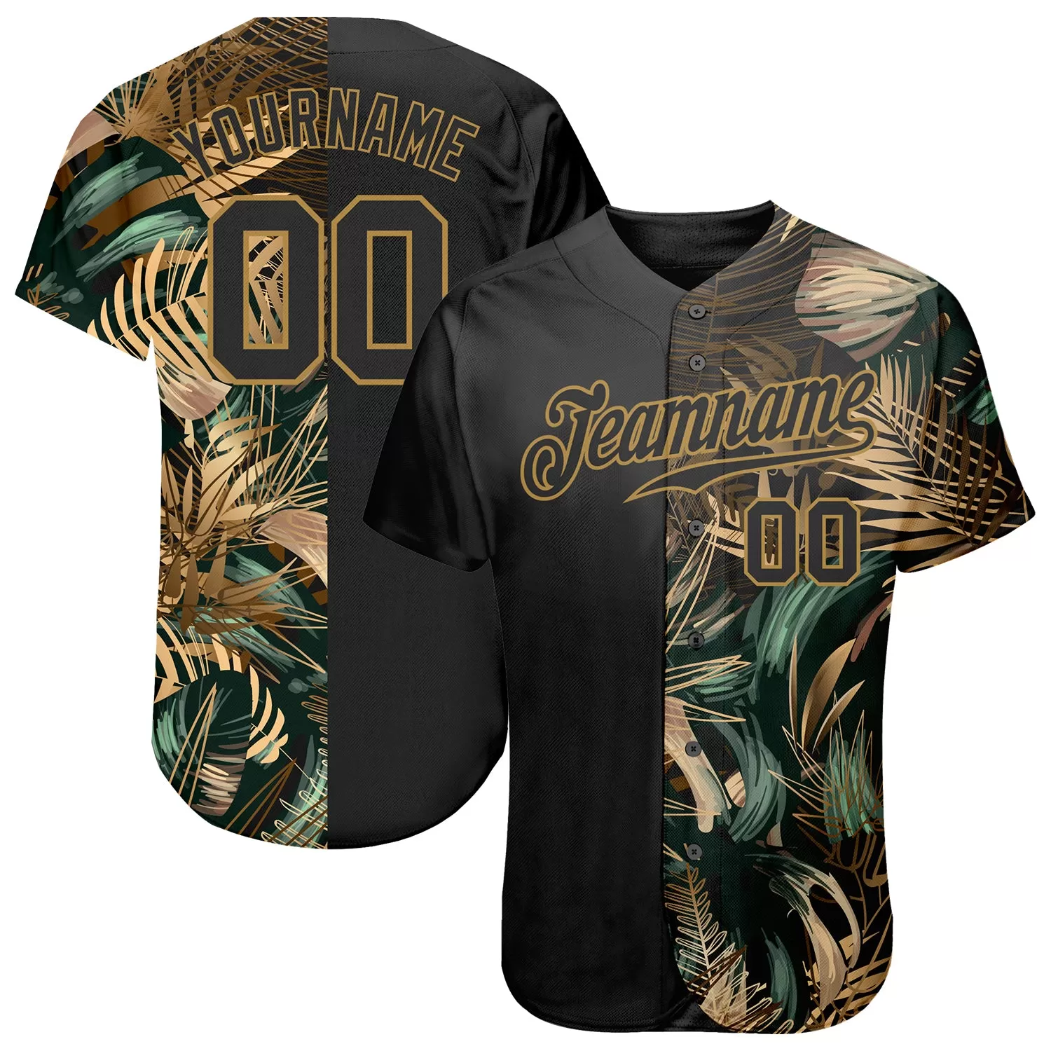 Custom 3D Pattern Design Golden And Green Tropical Leaves In The Style Of Jungalow And Hawaii Authentic Baseball Jersey