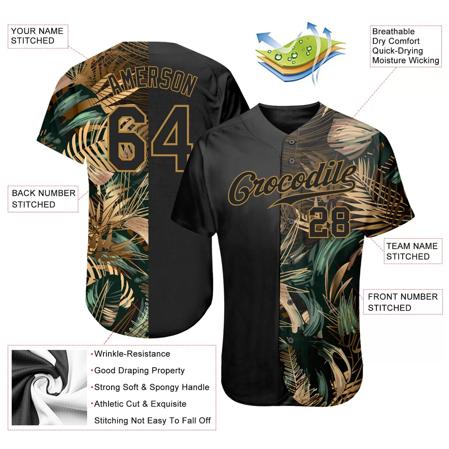 Custom 3D Pattern Design Golden And Green Tropical Leaves In The Style Of Jungalow And Hawaii Authentic Baseball Jersey