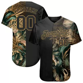 Custom 3D Pattern Design Golden And Green Tropical Leaves In The Style Of Jungalow And Hawaii Authentic Baseball Jersey