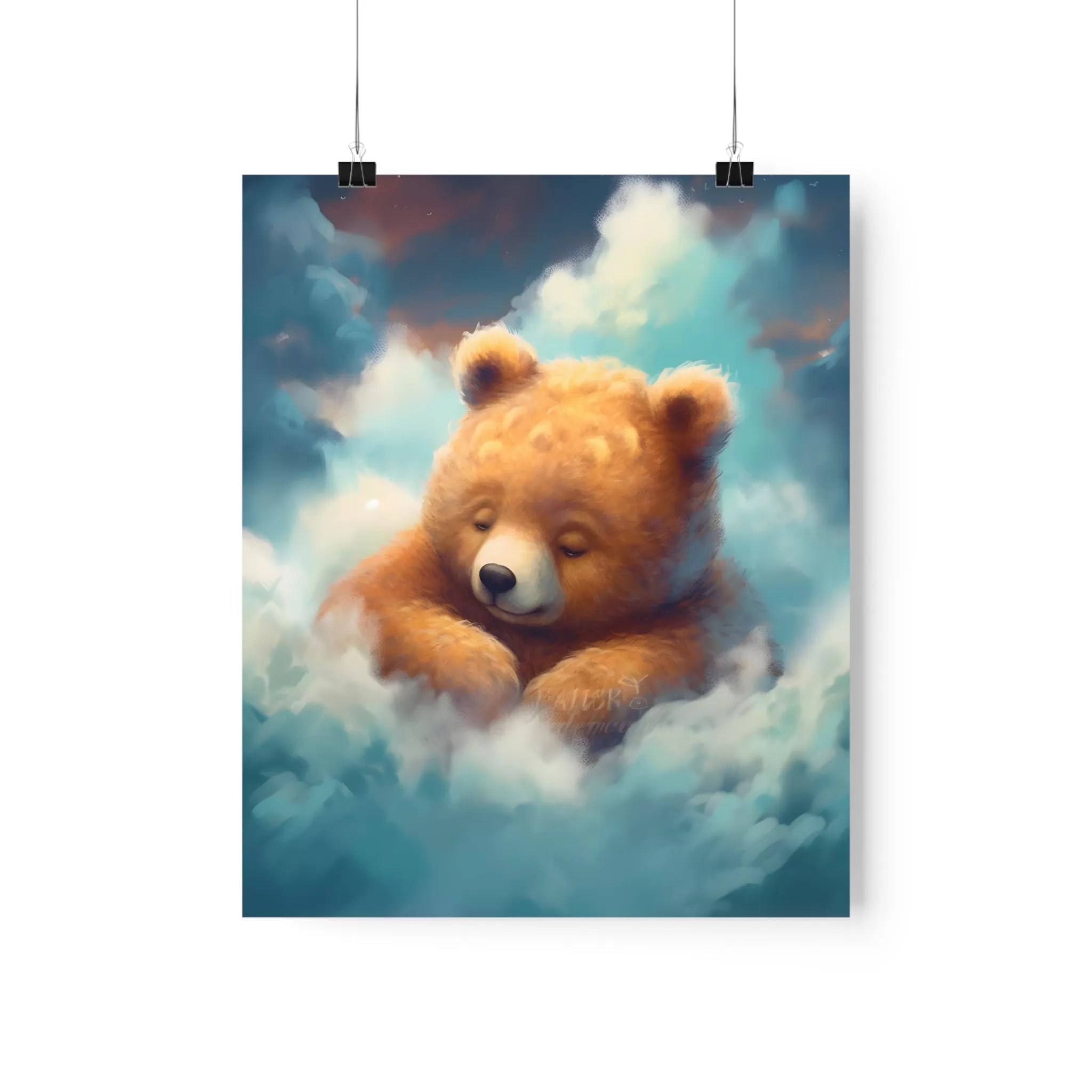 Cute sleeping Bear, Baby Room Wall Art, Nursery Decor, Kids room decor, clouds, sleeping animals, Animals Nursery Art , Nursery Décor,