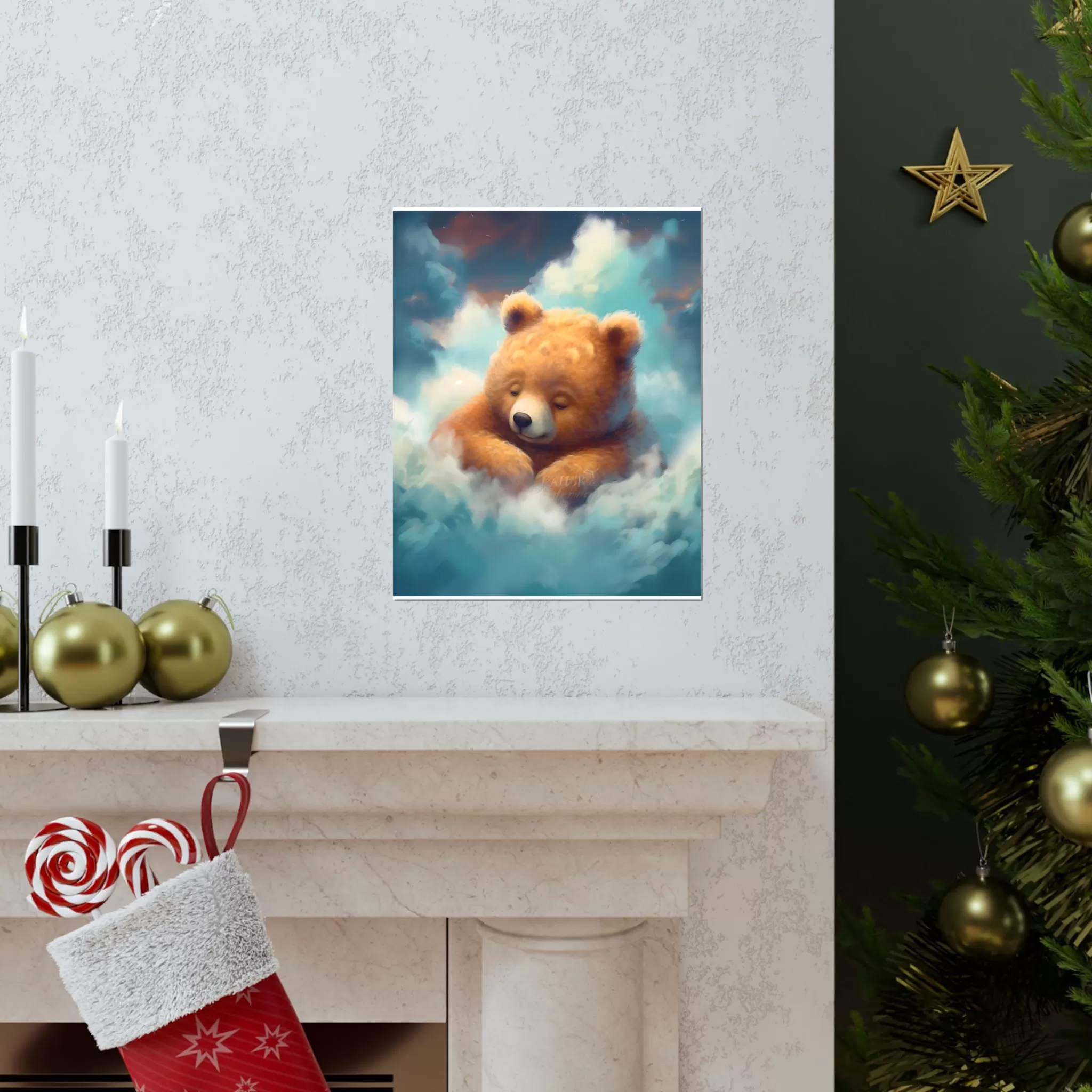 Cute sleeping Bear, Baby Room Wall Art, Nursery Decor, Kids room decor, clouds, sleeping animals, Animals Nursery Art , Nursery Décor,