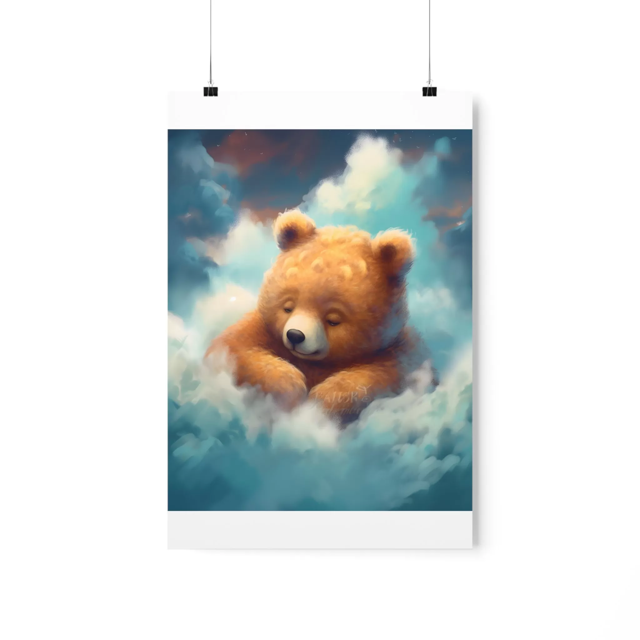 Cute sleeping Bear, Baby Room Wall Art, Nursery Decor, Kids room decor, clouds, sleeping animals, Animals Nursery Art , Nursery Décor,