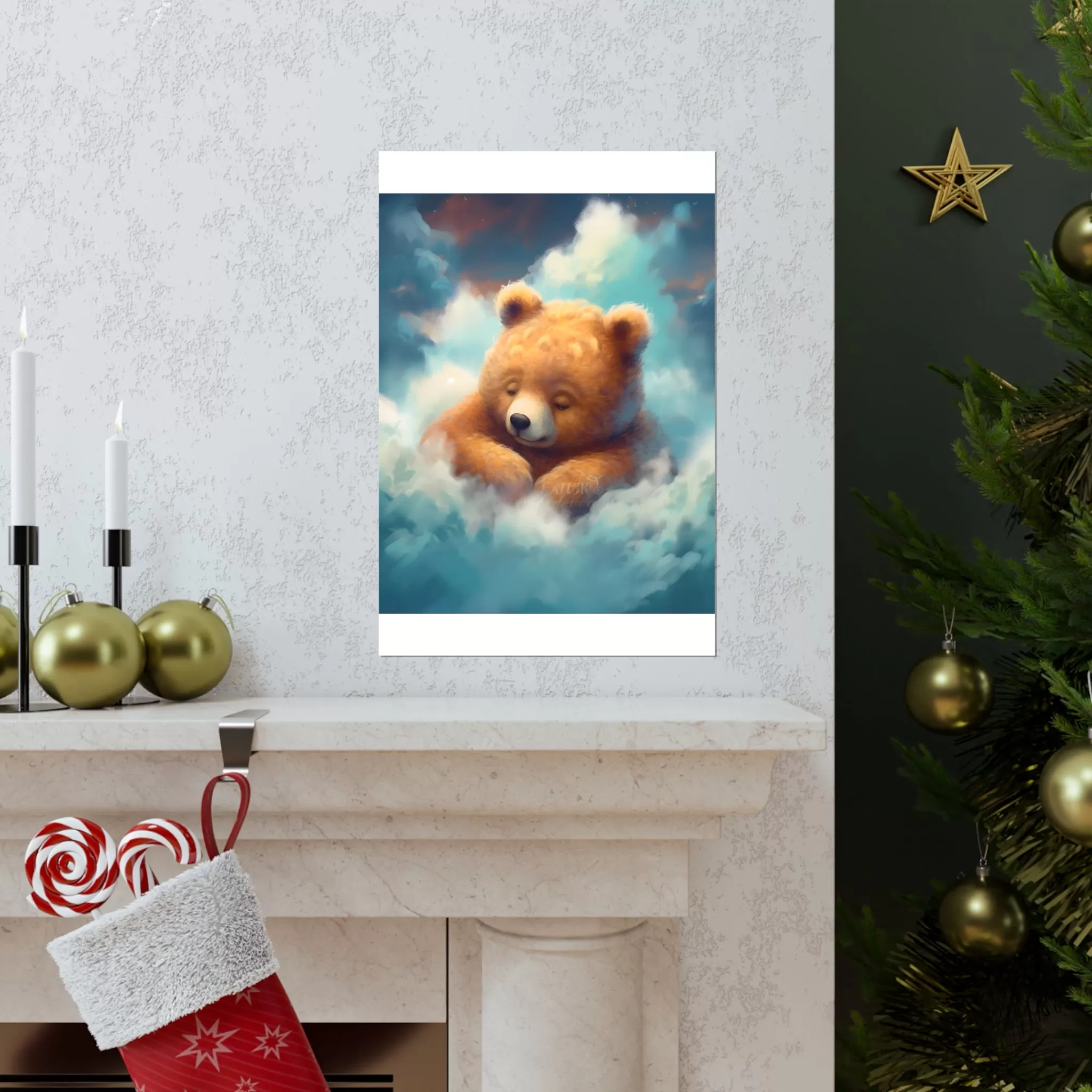 Cute sleeping Bear, Baby Room Wall Art, Nursery Decor, Kids room decor, clouds, sleeping animals, Animals Nursery Art , Nursery Décor,