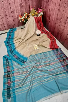 Dirty Ivory Color Tussar Silk Saree with Sambalpuri Pallu and Ganga Jamuna Border