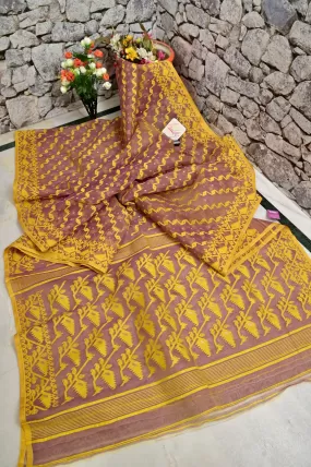 Dual Tone Rust Pink and Yellow Color Jamdani Saree with Lace Border