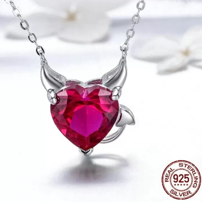 Evil And Angel Twin Necklace and Earrings CZ Garnet Jewelry Set - 925 Sterling Silver