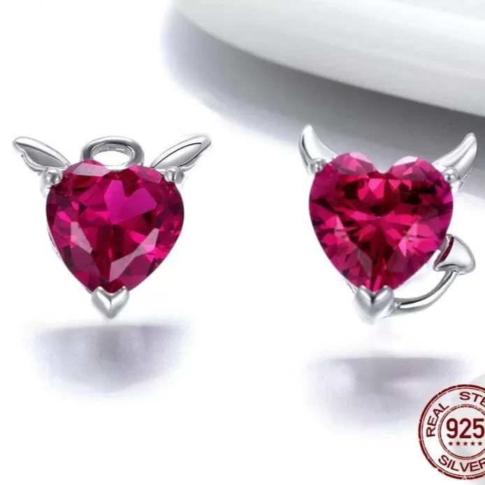 Evil And Angel Twin Necklace and Earrings CZ Garnet Jewelry Set - 925 Sterling Silver