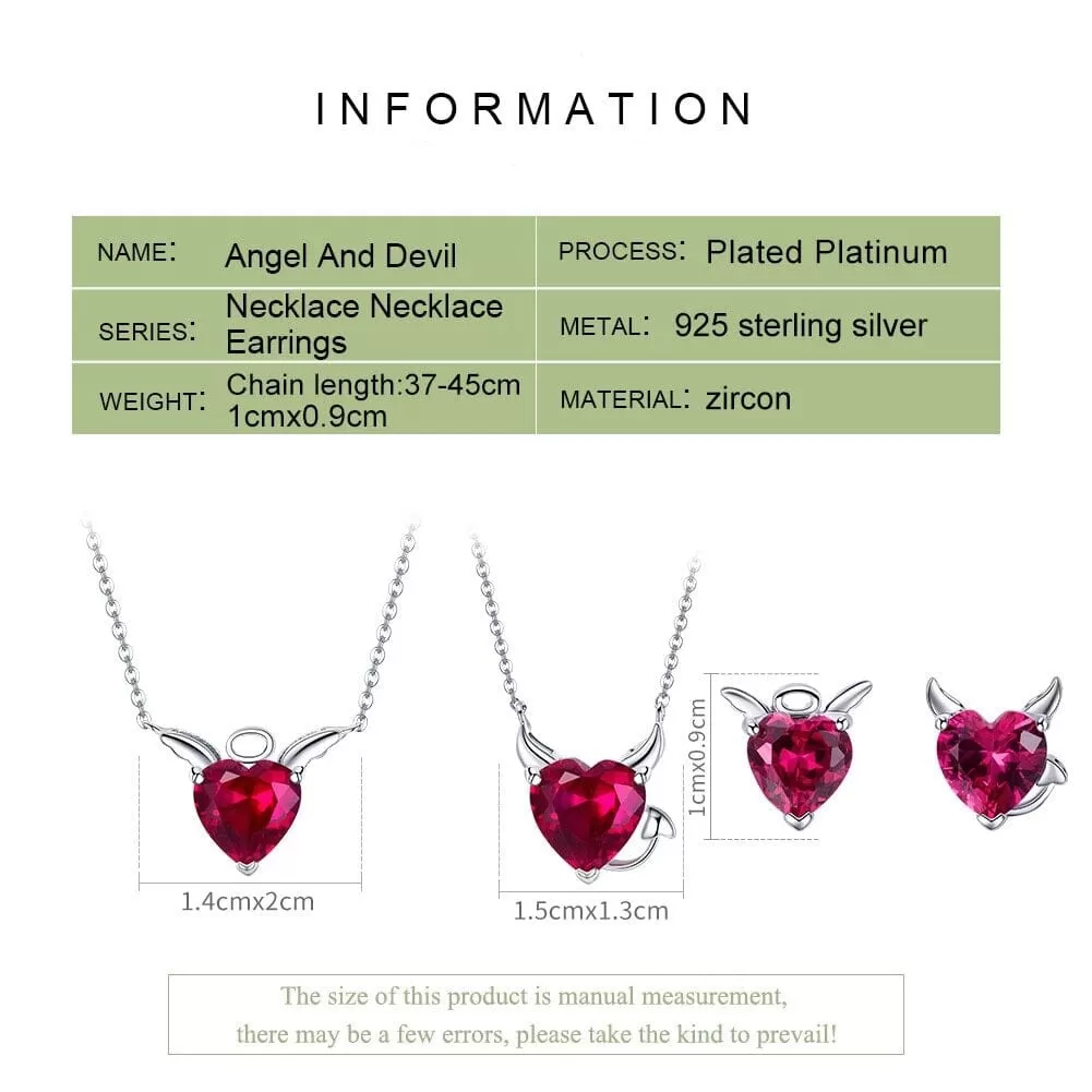 Evil And Angel Twin Necklace and Earrings CZ Garnet Jewelry Set - 925 Sterling Silver