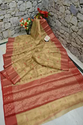 Golden Color Tissue Chanderi Banarasi Silk Saree with Allover Jaal Work