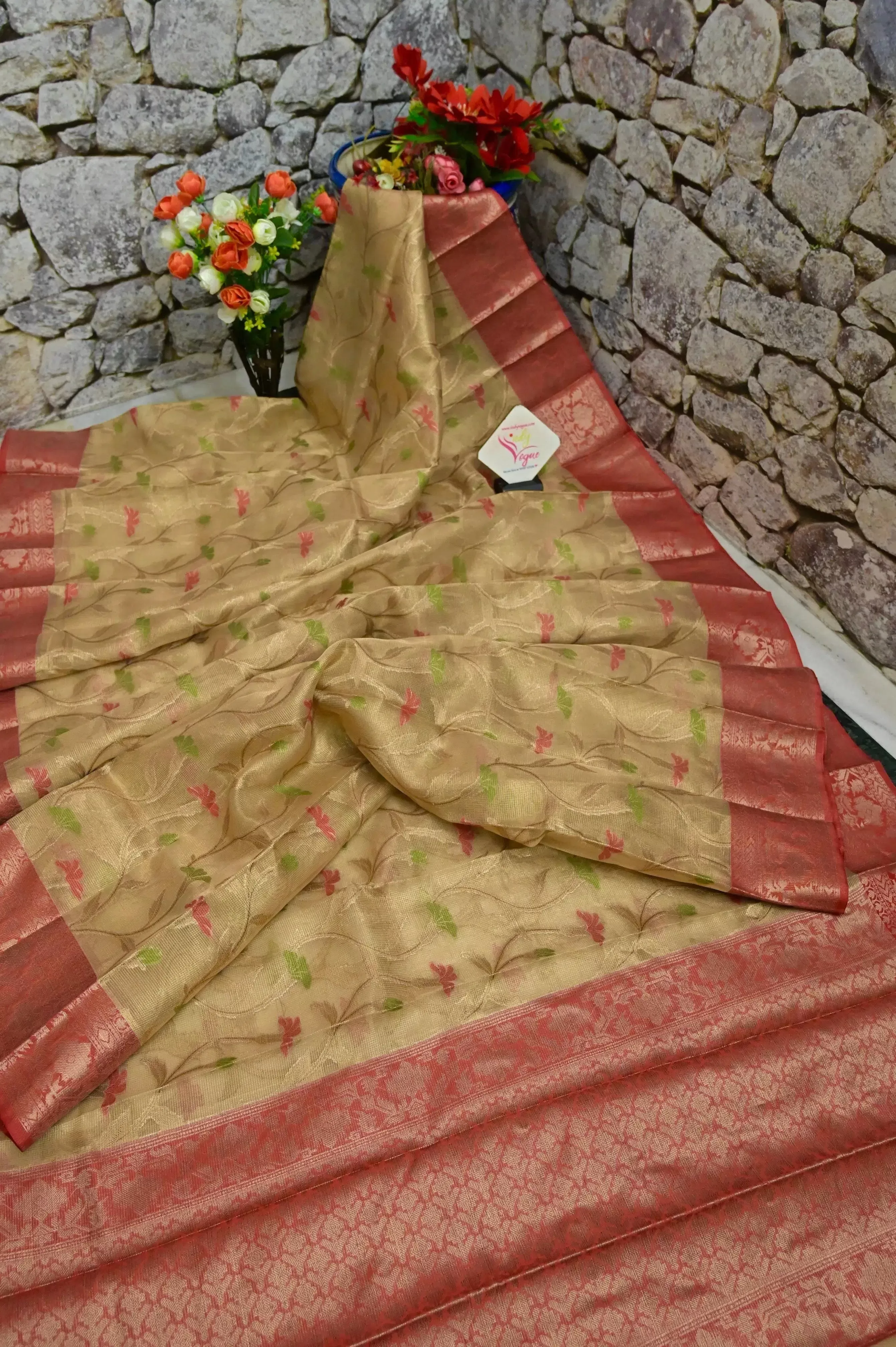 Golden Color Tissue Chanderi Banarasi Silk Saree with Allover Jaal Work