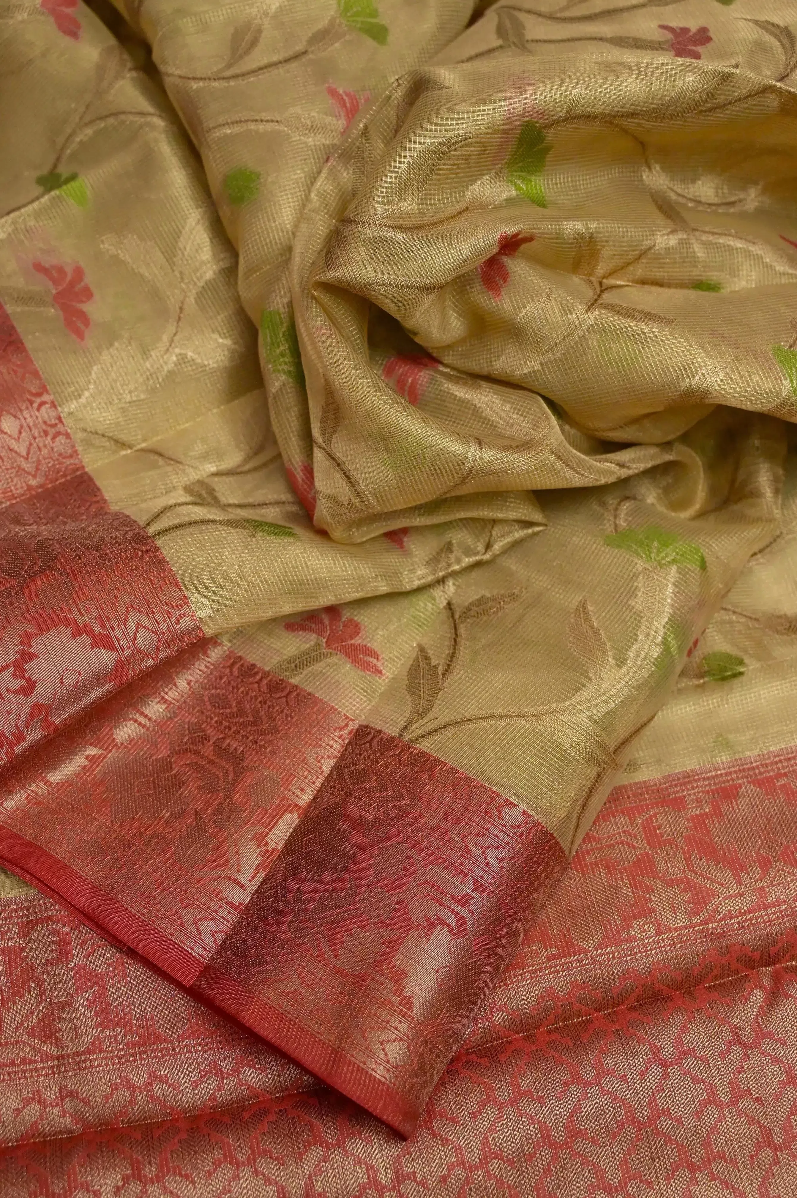 Golden Color Tissue Chanderi Banarasi Silk Saree with Allover Jaal Work