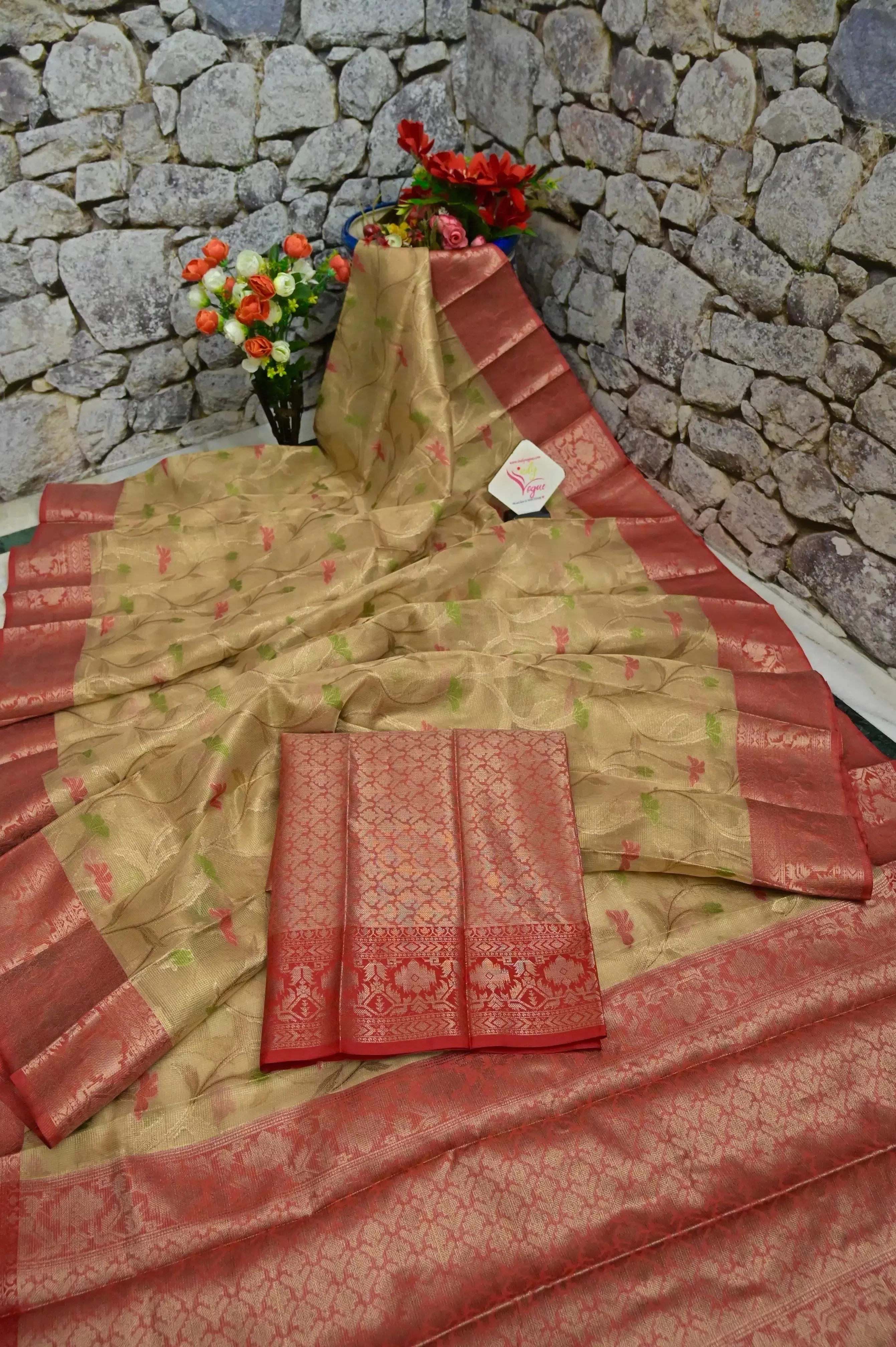 Golden Color Tissue Chanderi Banarasi Silk Saree with Allover Jaal Work