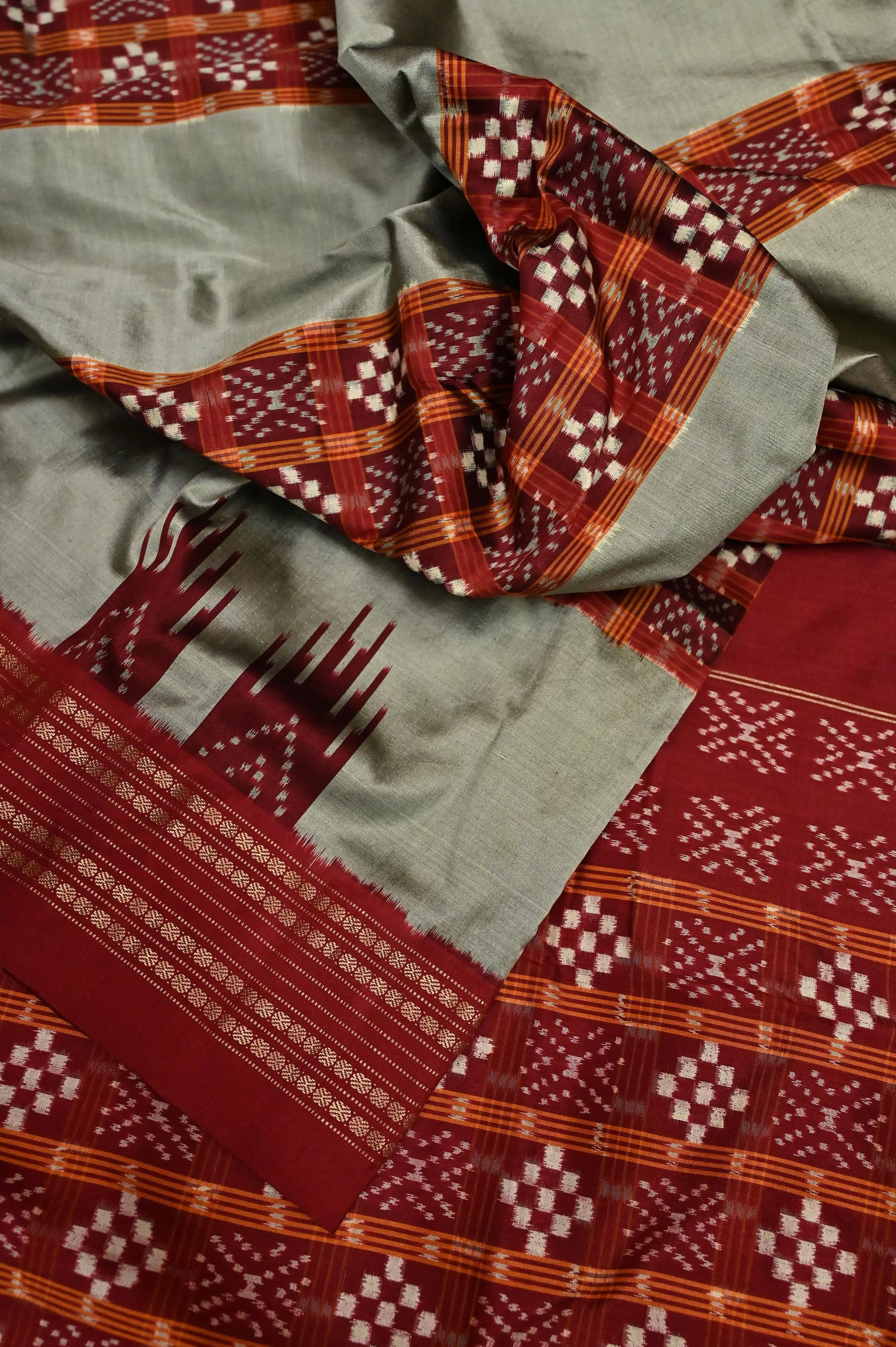 Grey and Rust Color Double Ikat Saree with Ikat Stripe Work