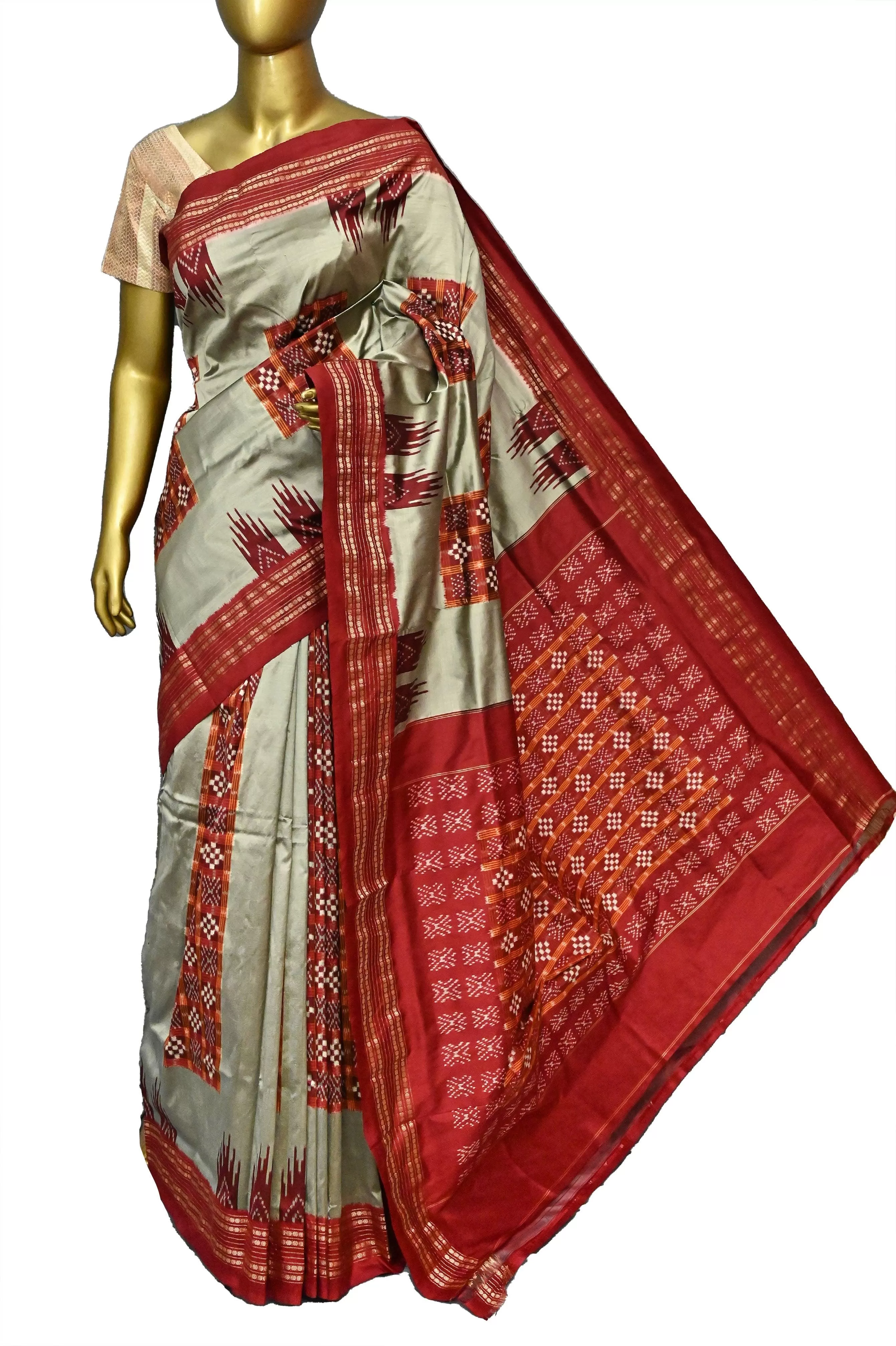 Grey and Rust Color Double Ikat Saree with Ikat Stripe Work