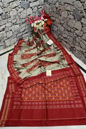 Grey and Rust Color Double Ikat Saree with Ikat Stripe Work