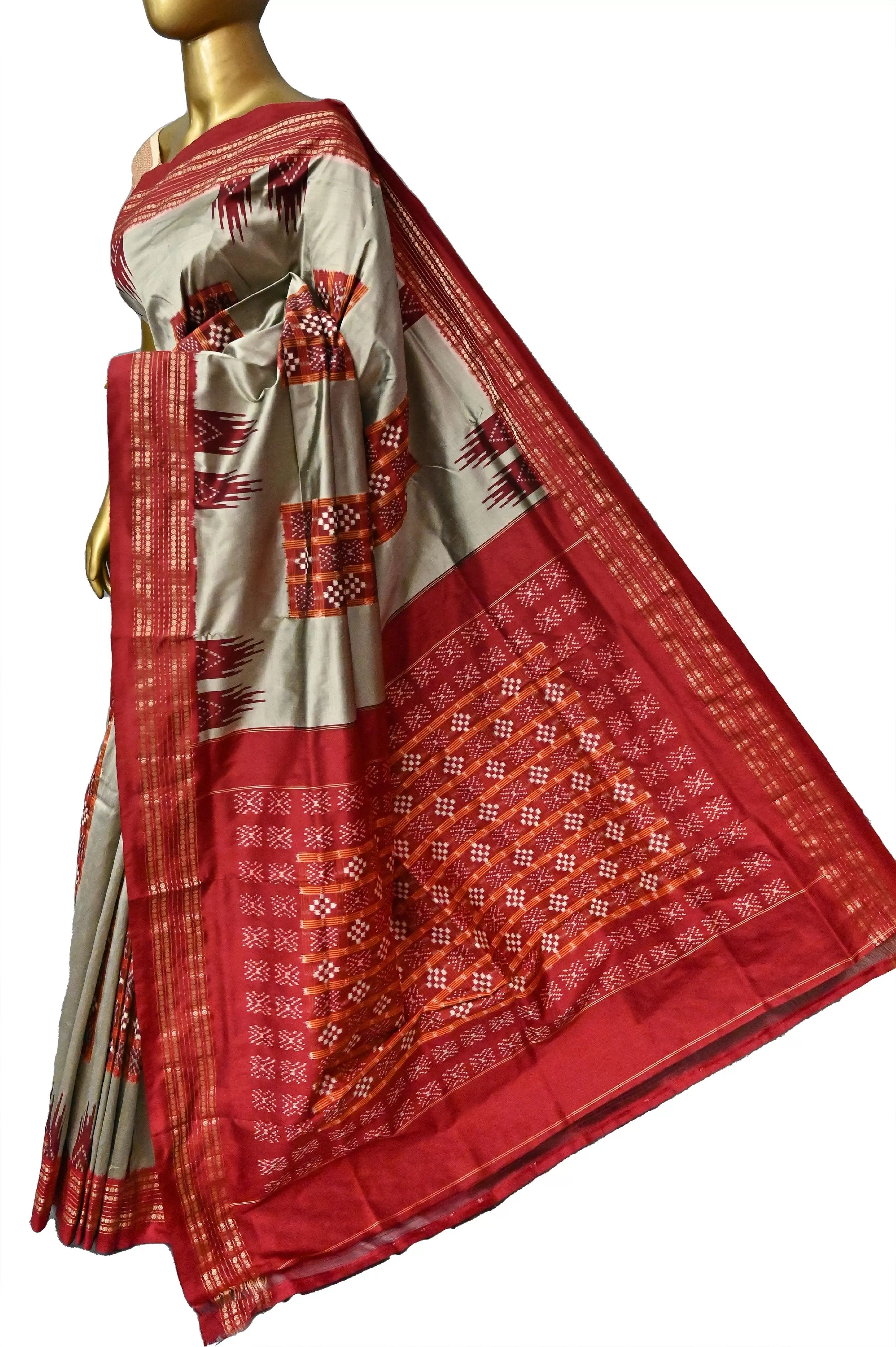 Grey and Rust Color Double Ikat Saree with Ikat Stripe Work