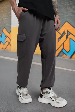 Grey Solid Baggy Fit Cargo Pants